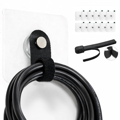 Cord Organizer with Adhesive Hooks, Reusable Cable Management for Desk & TV, Adjustable Hook and Loop Cable Ties, Easy Install & Remove, Under Desk Wire Organizer -12 Hooks + 20 x 5“ Straps - style: Hook-and-loop