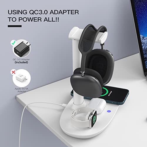 Headphone Stand with 15w Wireless Charger, Suguder 4 in 1 Charging Station Headset Holder for AirPods Max/Pro/4/3/2 iWatch 10/9/8/7/6/5/4/3/2/1/SE iPhone 17/16/15/14/13/12/11/X for Desktop Table Game | 4 in 1 15w Charging Station Headset Holder for AirPod