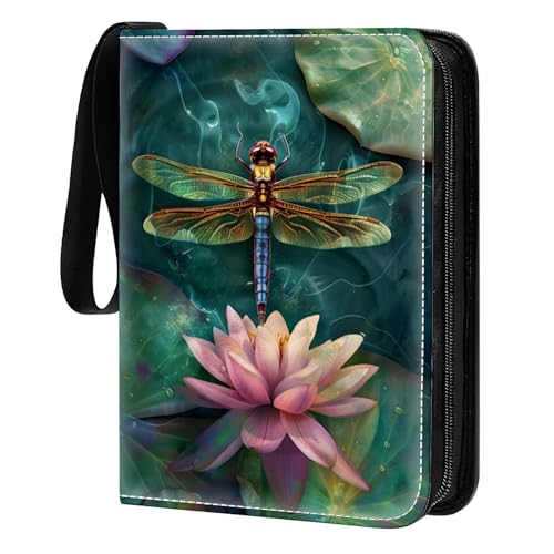 Card Binder 400 Pockets, 50 Sleeves Large Binder Trading Cards Holder 4 Pocket, Storage Organizer, Album Folder Case Protector Collector Gift Colourful Dragonfly Pink Lily Pads Resting - color: Colourful Dragonfly Pink Lily Pads Resting, size: 4 Pocket