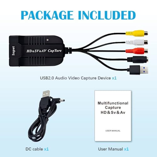 USB Video Capture Card HDMI/AV/RCA/S-Video to USB 2.0 Audio Video Capture Card Device 1080P HD 30fps for Live Streaming,Camcorder,Gaming,VCR,VHS,DVD,PS4,PS5