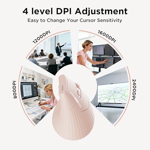Uineer Vertical Ergonomic Mouse, Wireless Bluetooth Mouse, 3-Device,Quiet | Switch among 3 devices; side scroll wheel supports horizontal navigation for documents and spreadsheets. - color: Pink