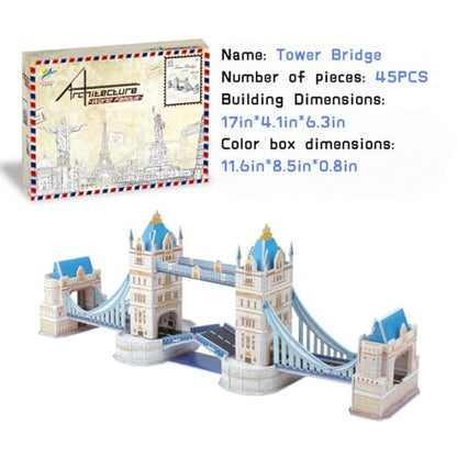 Architecture World Famous of 3D Puzzle.Build Your Own Collection of 17 Global Landmarks (Notre Dame, Colosseum) - Educational DIY Model Kit for Kids & Adults. (Tower Bridge) - color: Tower Bridge