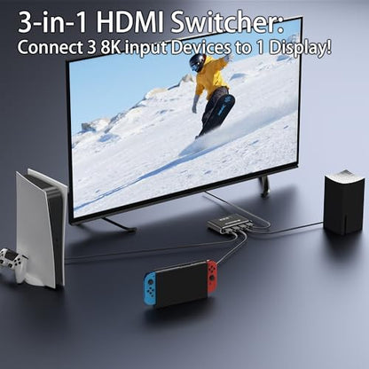 HDMI 2.1 Switch 3 in 1 Out,8K HDMI Splitter Switcher,Supports 4K@120Hz,8K@60Hz, 48Gbps Ultra HD HDMI Box, Aluminum Shell, Compatible with PS4/PS5, Xbox, Fire Stick, Apple TV, Roku, HD TV. - color: 8KBlack
