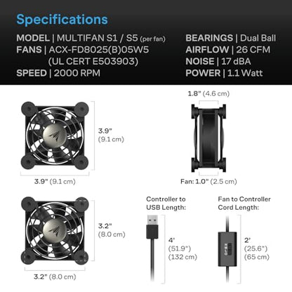 AC Infinity MULTIFAN S5, Quiet Dual 80mm USB Fan, UL-Certified | For Receiver DVR, PlayStation, Xbox, Computer, Cabinet Cooling - size: S5
