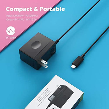 45W Charger for Nintendo Switch, YCCTEAM Charger AC Adapter Power Supply 15V 3A Fast Charging Kit Compatible with Switch OLED/Dock and Pro Controller (Support TV Mode),Black
