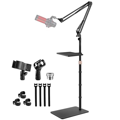 Microphone Stand Floor with Tray & Boom Arm, 5.5lbs Weighted Base | Height Adjustable Studio/Podcast Mic Stand w/ 3/8'' to 5/8'' Adapter & 2 Mic Clips Compatible with Blue Yeti QuadCast AT2020