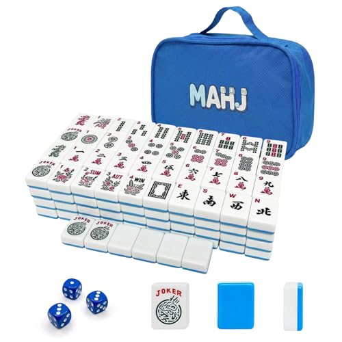American Mahjong Tile Set with 166 Tiles, 1.2-Inch Mah Jongg Sets, Mahjong Gift Set with 3 Blue Dice and Mahjong Tile Bag, Complete Portable Game Set for Family, Travel, Parties