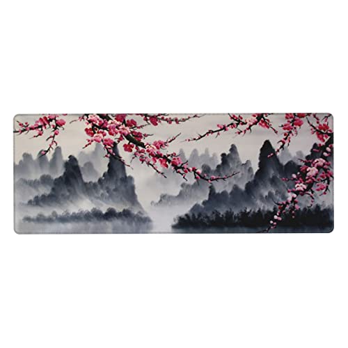 Japanese Sakura Watercolor Painting Extended Mouse Pad 31.5x11.8 Inch Cherry Blossom Flower Non-Slip Rubber Base Mousepad Stitched Edges Keyboard Mouse Mat with Stitched Edges for Gaming and Office - color: Cherry Blossom 2