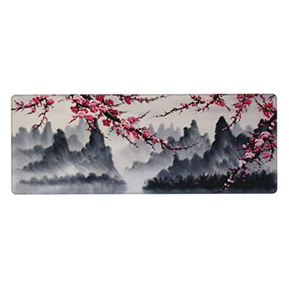 Japanese Sakura Watercolor Painting Extended Mouse Pad 31.5x11.8 Inch Cherry Blossom Flower Non-Slip Rubber Base Mousepad Stitched Edges Keyboard Mouse Mat with Stitched Edges for Gaming and Office - color: Cherry Blossom 2