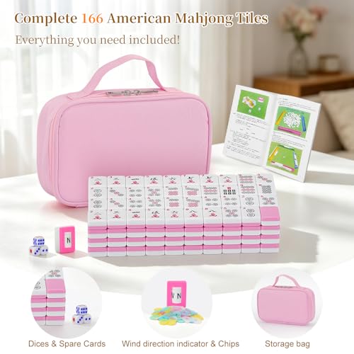 Mini American Mahjong Set - 1.18 Inch Mahjong Tile Set Complete Mahjong Cards 2026 Portable Travel Mahjong Game Set Family Tile Game for Adults- with Pink Tile Bag