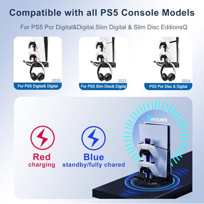 WishJazz PS5/Slim/Pro Wall Mount Kit with Cooling Fan & Charging Station, PS5 Shelf Wall Mount Accessories, Steel Wall Stand with Dual Controller Charger, Headset Hanger for All PS5 Versions