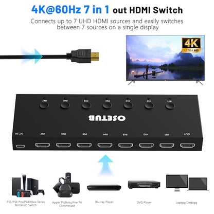 HDMI Switch 7 in 1 Out 4K@60Hz, 7 Port HDMI Switcher Selector Support HDR & HDCP 2.2 & Full 3D Compitable with Nintendo Switch,Xbox PS5/4,Fire Stick,Roku,Apple TV for Gaming & Home Entertainment - size: 4K@60Hz 7 in 1 Out HDMI Switch