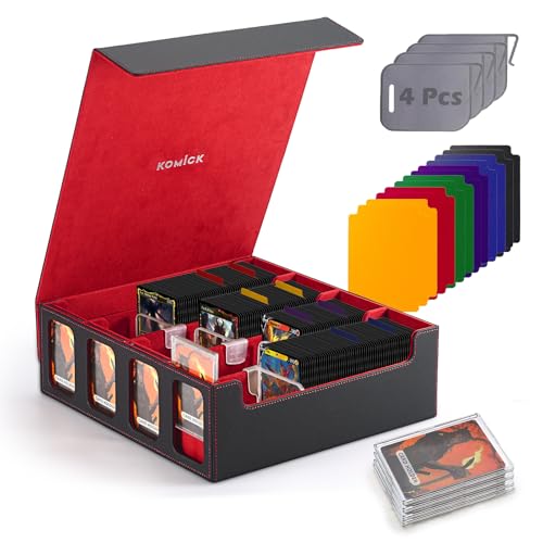 Ultra-Capacity 4-Row Trading MTG Card Storage Box with Display, Holds 3000+ Cards with Dividers & Card Holders, PU Leather Commander Deck Box for MTG, YuGiOh, TCG Deck Box, Sport Cards (Black / Red) - color: Black / Red