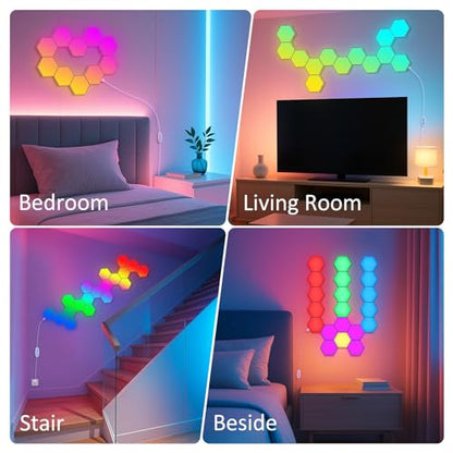 12 Pack Hexagon LED Wall Light Panels – RGB Smart Lights with APP & Remote, Music Sync Honeycomb Design – Modular Gaming Wall Decor for Bedroom, Kids Room, and Living Room - size: ‎Hexagon Lights - 12 Pack