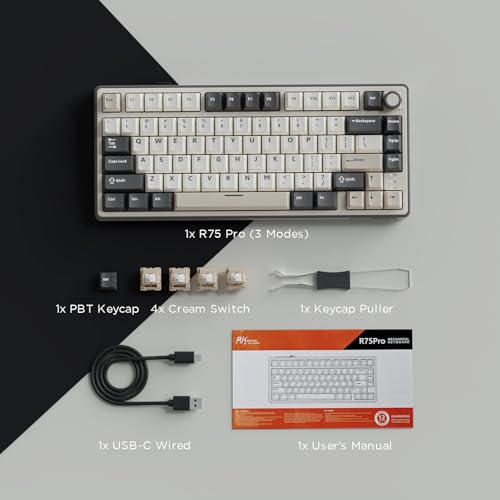 RK ROYAL KLUDGE R75 Wireless Mechanical Keyboard, 75% Percent Custom Gaming Keyboard Gasket Mount RGB Backlit with Knob & PBT Keycaps, BT5.1/2.4GHz/USB-C, Hot Swappable Cream Switch, White - color: white