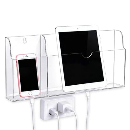 Acrylic Wall Mounted Phone Holder, Tablet Wall Mount with Charging Holes, 2 Slots Wall Remote Control Holder for iPad Kindle Laptop, Clear