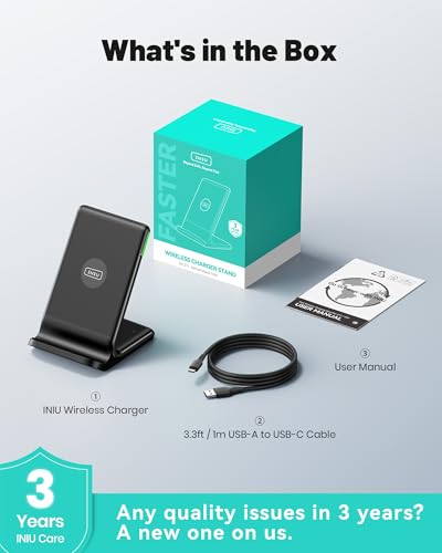 INIU Wireless Charger, 15W Fast Wireless Charging Station with Sleep-Friendly Adaptive Light Compatible with iPhone 17 16 15 14 13 12 Pro Max Samsung Galaxy S25 S24 S23 Note 20 Google etc - color: Black
