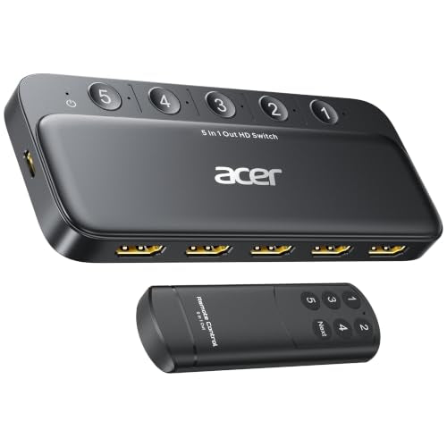 acer 5 in 1 Out HDMI Switch 4K@60Hz HDMI 2.0 with Remote for PS5 Xbox TV | Low-Latency 4K Signal Switching, Supports HDR, HDCP 2.3, DTS & Dolby ATMOS, work for PS5, Xbox, Switch, TV Stick, Projector