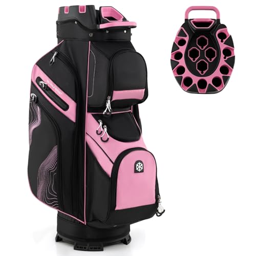 Goplus Lightweight Golf Cart Bag, Molded Lock Top Golf Club Bag w/14-Way Full Length Organizer Dividers, 11 Pockets, Cooler Bag, Straps, Umbrella Holder & Rain Hood for Men Women - color: Black+Pink
