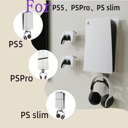Wall Mount for PS5/ PS5 Slim/ PS5 Pro - With 2 Controller Mounts, Vertical Display, Open Design- Black Gaming Console Holder & Stand Kits