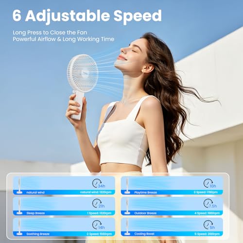 HandFan Quiet 6 Inch Handheld Fan [34H Max Cooling Time], 6 Speed Rechargeable Personal fan and Desktop with Base, 180° Foldable for Travel Concerts Makeup Office (White) - color: whtie