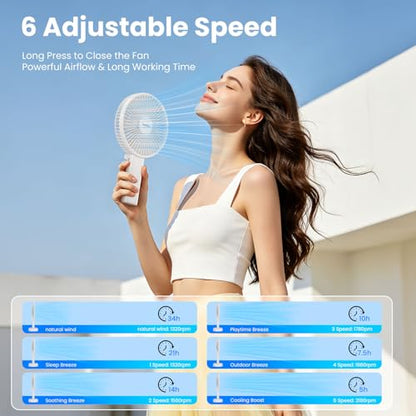 HandFan Quiet 6 Inch Handheld Fan [34H Max Cooling Time], 6 Speed Rechargeable Personal fan and Desktop with Base, 180° Foldable for Travel Concerts Makeup Office (White) - color: whtie