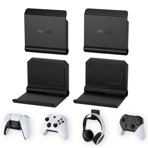 PlayVital 4 Pack FOLD Controller Holder Wall Mount for ps5 ps4 Xbox Switch 2 Pro Headset, Universal Gaming Acessories Controller Organizer Headphone Stand - Foldable Anti-slip Strong Adhesive, Black - color: Black 4 Sets