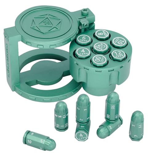CZYY Metal Polyhedral Bullet Dice Set with Spinning Revolver Cylinder Case | Complete 7-Dice Set, Solid Metal, RPG Fidget Tool, Accessories for DND, Sci-Fi, Western & Tabletop Game Themes, Green - color: Green