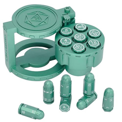 CZYY Metal Polyhedral Bullet Dice Set with Spinning Revolver Cylinder Case | Complete 7-Dice Set, Solid Metal, RPG Fidget Tool, Accessories for DND, Sci-Fi, Western & Tabletop Game Themes, Green - color: Green
