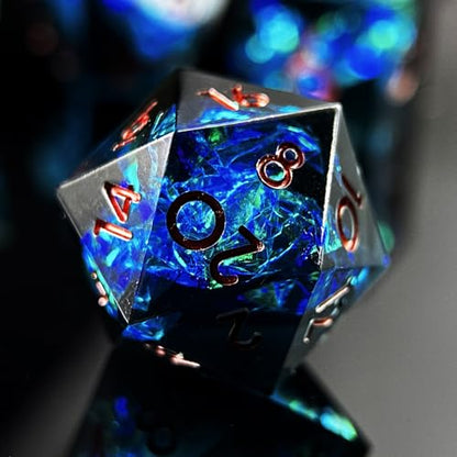 HAOMEJA 7pcs Sharp Edge Resin Dice Set, Handmade Polyhedral Dice with Glitter & Galaxy Effect Apply to DND, D&D, RPG, MTG Tabletop Games, Role Playing Game, Easter, Halloween Party Gift (Black & Blue) - color: T Black & Blue