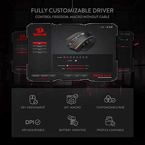 Redragon M686 Wireless RGB Optical Gaming Mouse 16000 DPI Remapping Keys | Cable-Free 0 Delay, Smooth Precise Tracking, Custom Macro Keybinds, Vibing Backlight, Ergonomic Grip Body Comfort