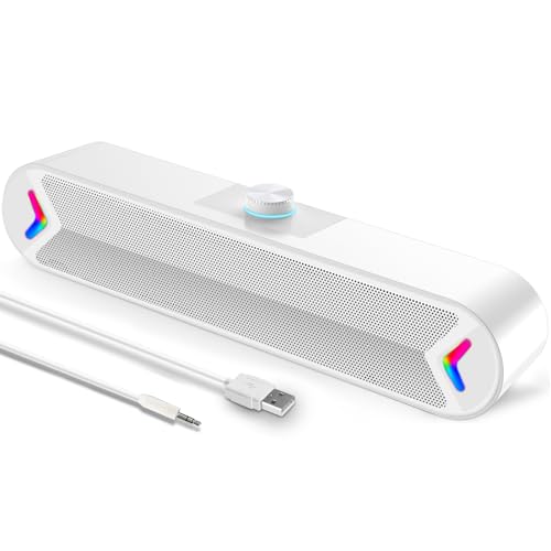 LENRUE Computer Speakers,PC Speakers for Desktop,Wired USB-Powered Sound-bar for Computer with 10W Stereo Sound and Colorful Light,Plug-n-Play (White-AUX) - color: AUX-White