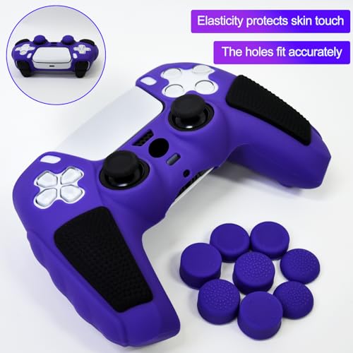 Anti-Slip Purple PS5 Controller Skin,Soft Thicken Studded Protective Silicone Cover Skin Grips Compatible with PS5/Slim/Pro Controller and 8 PCS Thumb Grips Caps. - color: Purple&Black