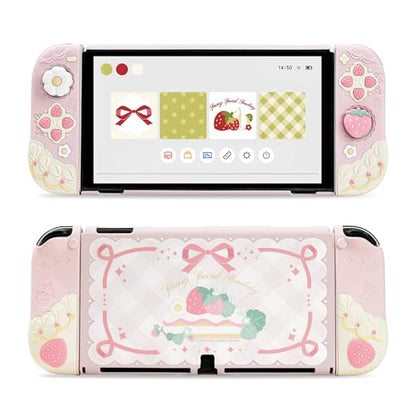 GeekShare Strawberries with Cream Case Compatible with Switch OLED, Soft Silicone Slim Protective Cover with Separable Shell and 2 Thumb Grips (Pink) - color: Pink Strawberries, size: For Switch OLED