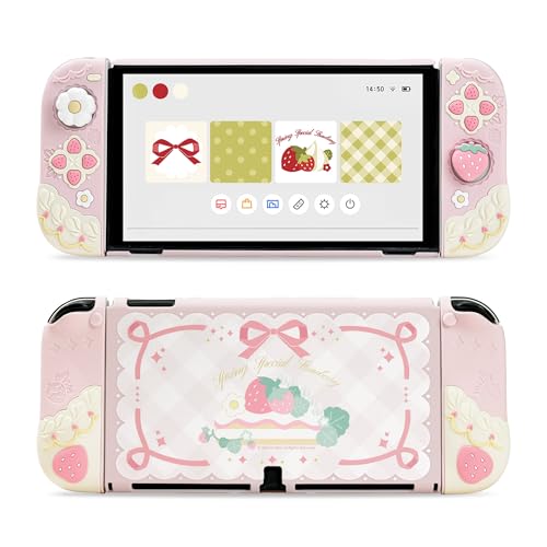 GeekShare Strawberries with Cream Case Compatible with Switch OLED, Soft Silicone Slim Protective Cover with Separable Shell and 2 Thumb Grips (Pink) - color: Pink Strawberries, size: For Switch OLED