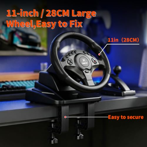 NBCP PC Racing Wheel, 900 Degree Gaming Steering Wheel with Pedals, 11" Large Wheel for Truck Simulator & Racing Games, Height Adjustable Sim Wheel Compatible with PC, PS3 - Black