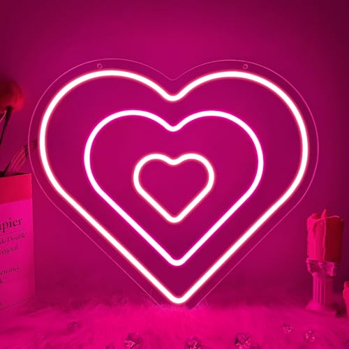Triple Heart Neon Sign, Pink Layered Heart LED Neon Light for Wall Decor, Powered Aesthetic Heart Neon Sign for Bedroom, Girl Room, Wedding, Bachelorette Party, Perfect Gifts for Girlfriend & Lovers - color: L-love