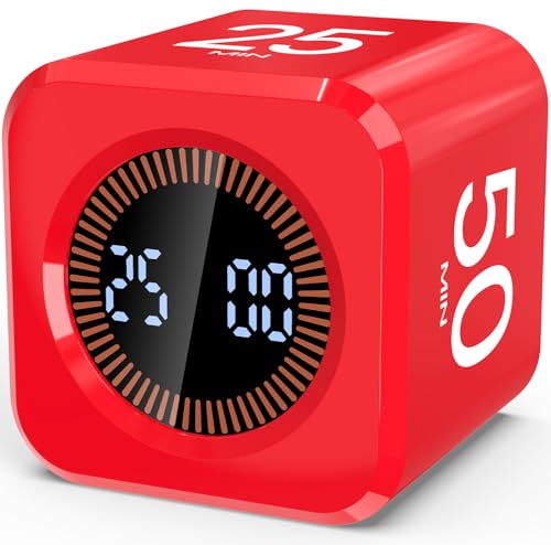 Digital Pomodoro Timer Cube 5/10/25/50min Preset, Silent & Sound Alarm | Visual Productivity Flip Timer for Kids Classroom Desk, Custom Countdown, Gravity Sensor, for ADHD Study Work Game Kitchen - color: Red