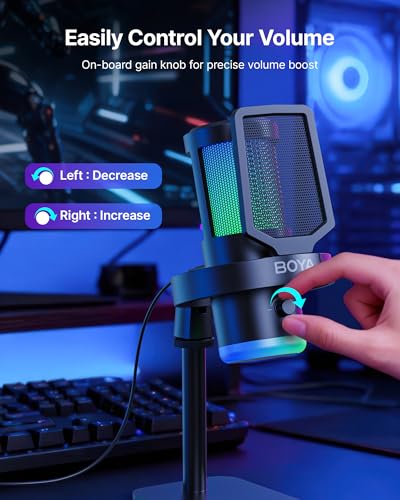 BOYA USB Gaming Microphone, 192kHz/24bit, Supercardioid + ENC Noise Cancellation, Touch Mute, 9 RGB Effects, Gain Knob, Monitor Jack, Microphone for PC/PS4/PS5/Mac/Android/iOS/Streaming/Podcasting - size: Stand Version