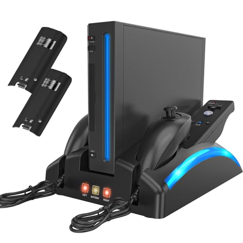KEKUCULL Game Organizer Station for Wii Remote Charger, Charging Dock Station for Controller, Wii Stand with 2 Pcs Rechargeable Battery for Wii Console Nunchuk Game Accessories Kit Storage - color: Black