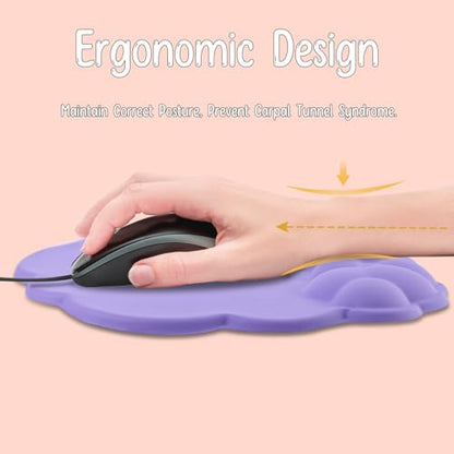 Mouse Pad Wrist Support, Cloud Mousepad with Memory Foam Wrist Rest, Non-Slip PU Base Gaming Leather Surface Mouse Pad for Home Office Laptop, Purple - color: Purple