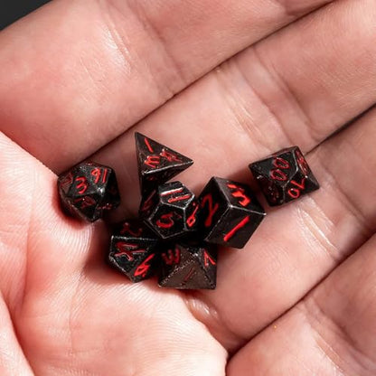 Mini Dice Set with Rune Keychain Case,7PCS Polyhedral Metal Dice Set for DND Role Playing Games(Silver/Black Red) - color: Silver/Black Red