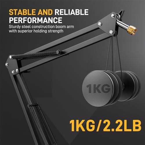 MAONO Boom Arm Microphone Stand: Adjustable Metal Suspension Mic Boom Arm for Podcast Gaming Streaming Recording,with Desk Clamp and 3/8" to 5/8" Screw Adapter-Max Load 1KG BA20 Black | 1kg max load, 3/8 to 5/8 adapter, suspension design, podcast gaming s