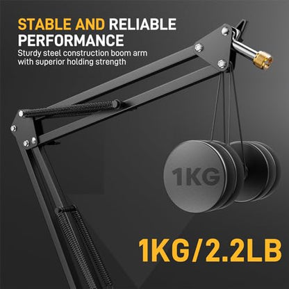 MAONO Boom Arm Microphone Stand: Adjustable Metal Suspension Mic Boom Arm for Podcast Gaming Streaming Recording,with Desk Clamp and 3/8" to 5/8" Screw Adapter-Max Load 1KG BA20 Black | 1kg max load, 3/8 to 5/8 adapter, suspension design, podcast gaming s