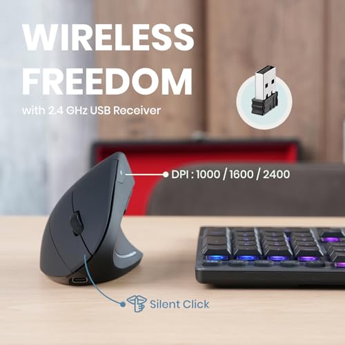 Perixx PERIMICE-713R Wireless Rechargeable Vertical Mouse - Duo Wired and Wireless Charging Feature - 6 Buttons Design - Black - Right-Handed Design - style: Wireless Rechargeable
