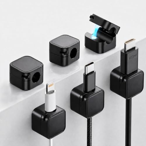 6 Pack Magnetic Cable Clips, Under Desk Cable Management for Office | Adhesive Cord Holder for Phone Wall Desktop, Home Nightstand Desk Accessories (Black) - color: Black