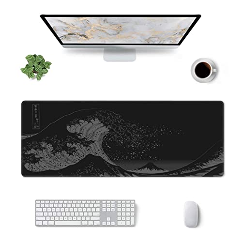 Wave Off Kanagawa Mouse Pad XL Extended Desk Mat, Computer Mousepad | Japanese The Great Wave Off Kanagawa Non Slip Rubber, Base Stitched Edge, Gaming Pc Large Mice Pad 31.5 x 11.8 Inch - color: Black11