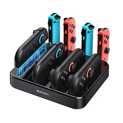 NEWDERY Controller Charger for Nintendo Switch 1/2 Joy Con, Charging Dock | 8 in 1 Fast Charging Station | Magnetic Snap | USB C Cable | LED Indicators | Organizer Stand Accessories | for Joy Con 2/1
