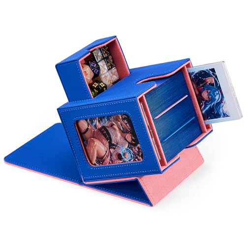 MTG Commander Deck Box with Dual Display Windows and Dice Tray | Fits 100 Double-Sleeved Cards, PU Leather, 2 Magnetic Card Holders, 2 Dividers, Blue & Pink - color: 3. Blue & Coral Pink