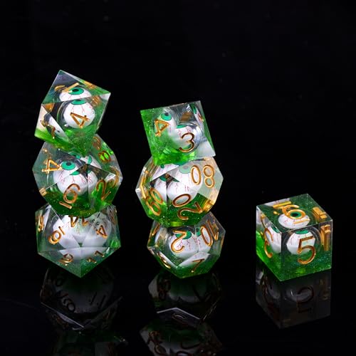 DND-Blood Eyes & Green,DND Dice Set Handmade 7 Accessories Sharp Edge Dice for Dungeons and Dragons TTRPG Games, Multi-Sided RPG Polyhedral Resin Sharp Edge Dice Roleplaying Games
